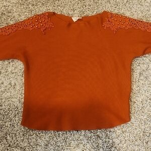 Floral-Applique Crewneck Sweater in Burnt Orange